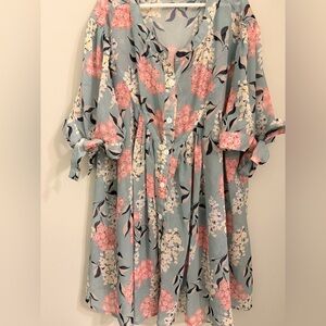 Reborn sheer Floral Button-Front Dress with Navy Leaves